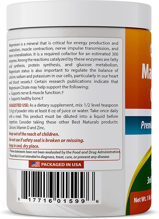 Best Naturals Magnesium Citrate Powder 1 pound (1 LB (Pack of 3))