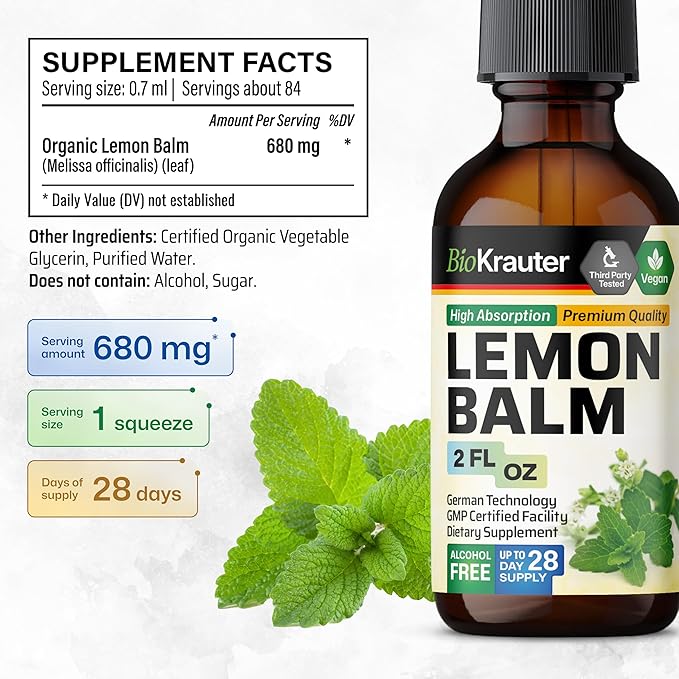 BIO KRAUTER Lemon Balm Leaf Extract - Vegan Melissa Lemon Balm Tincture for Calmness Support - Sugar & Alcohol-Free - 2 Fl. Oz.