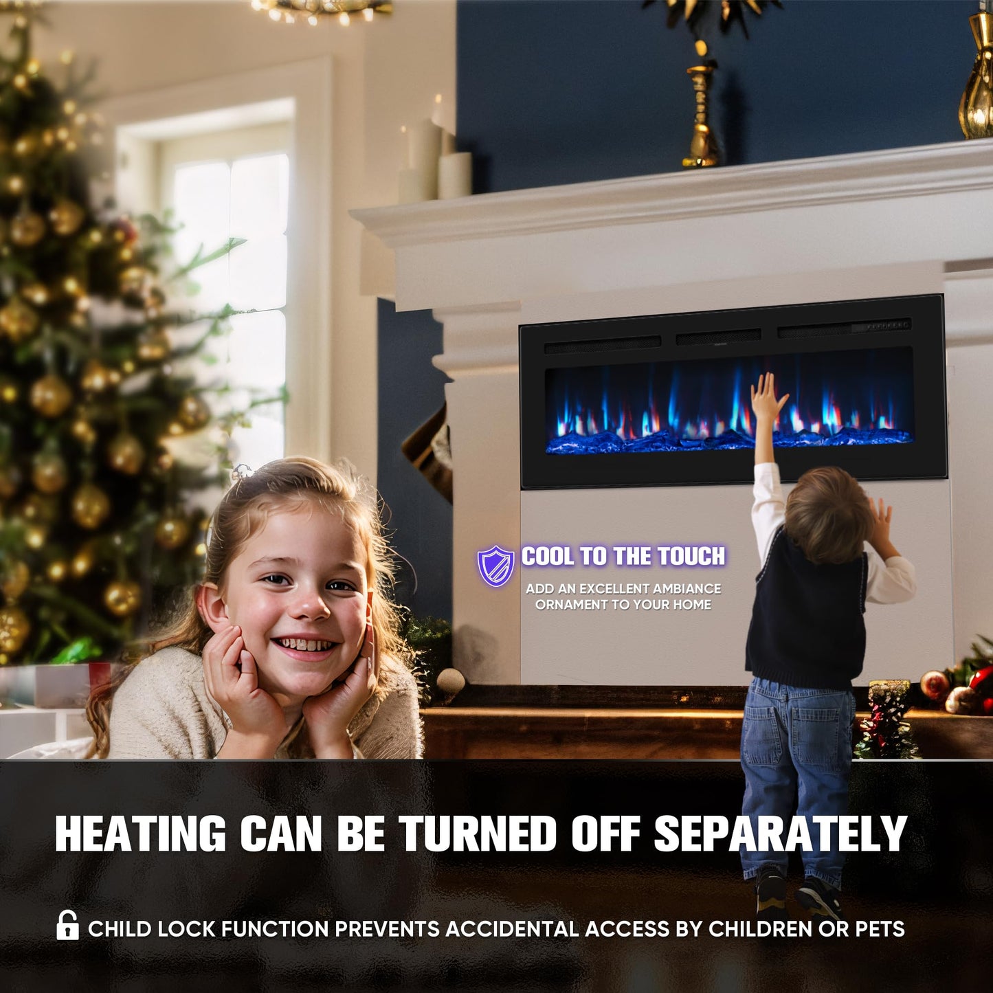 Manastin 50" Ultra-Thin Electric Fireplace Recessed and Wall Mounted with Remote Control, 12 Adjustable Color Fireplace Heater(60-99°F Thermostat), Low Noise, Timer, Child Lock