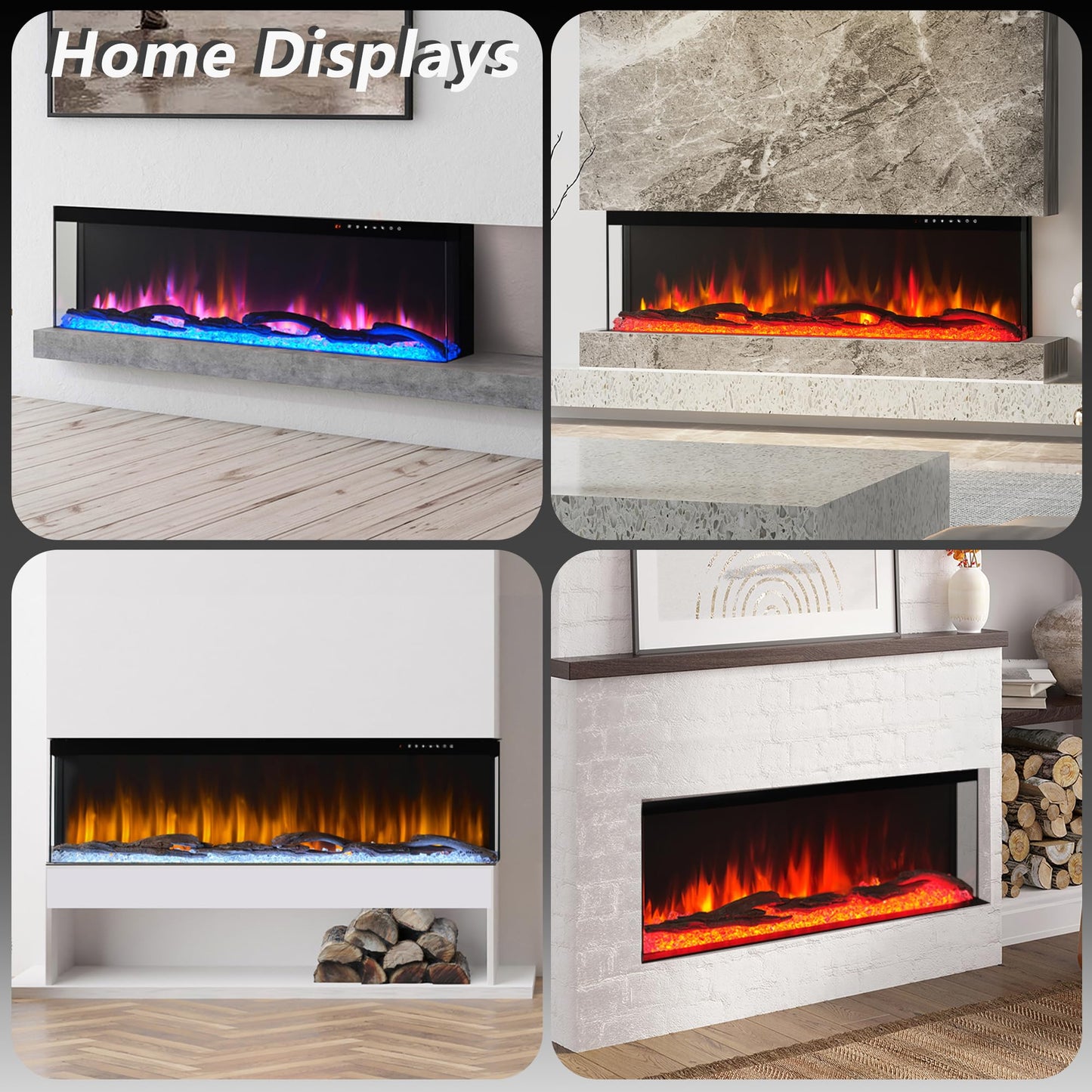 3 Sided Glass Built-in 60" Electric Fireplace - Multi-Color Flames, Heater, DIY Crystal & Log Set, Smart App & Remote Control