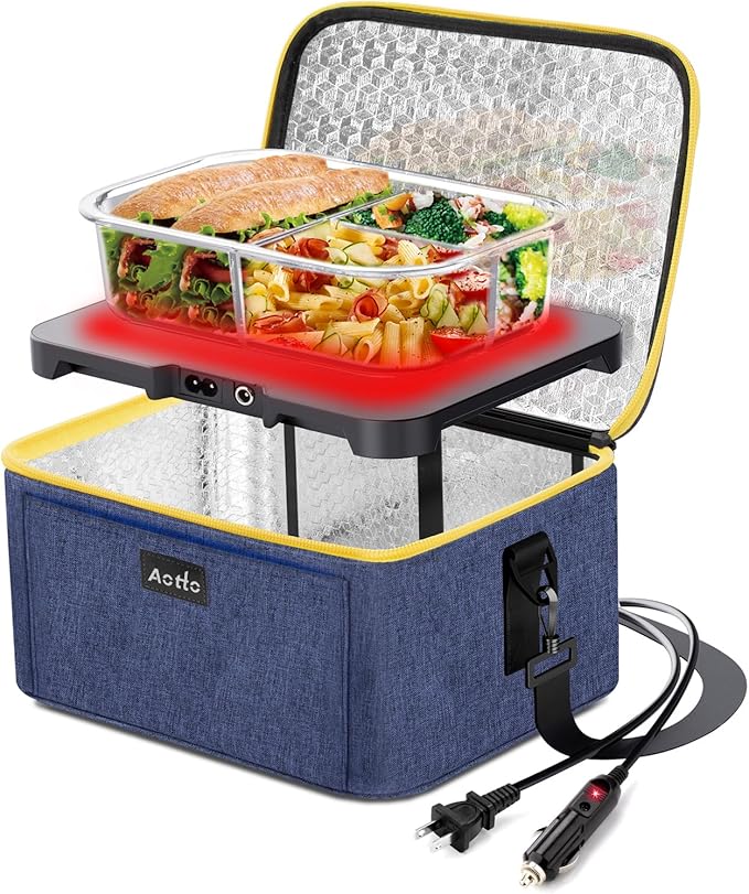 Aotto Portable Electric Lunch Box Food Heater, 12V/24V/110V 3-in-1 Car Food Warmer Heated Lunch Box for Adults, Cook, Reheat & Keep Meals Warm for Car, Truck, Travel, Work, Home - Navy Blue