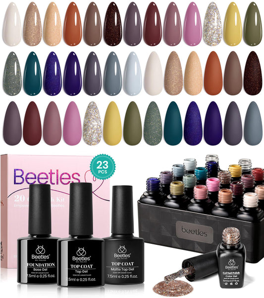 Beetles Gel Nail Polish, 20 Colors Nude Brown Blue Green Gray Yellow Glitter Earth Song Collection Gel Polish Soak Off with Glossy & Matte Top Base Coat Gel Manicure Kit Gift for Women