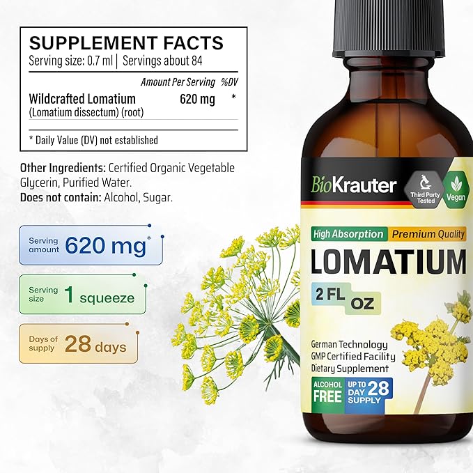 BIO KRAUTER Lomatium Root Tincture - Vegan Respiratory Support Supplement - Lomatium Dissectum Liquid Extract - Alcohol & Sugar Free - 2 Fl.Oz.
