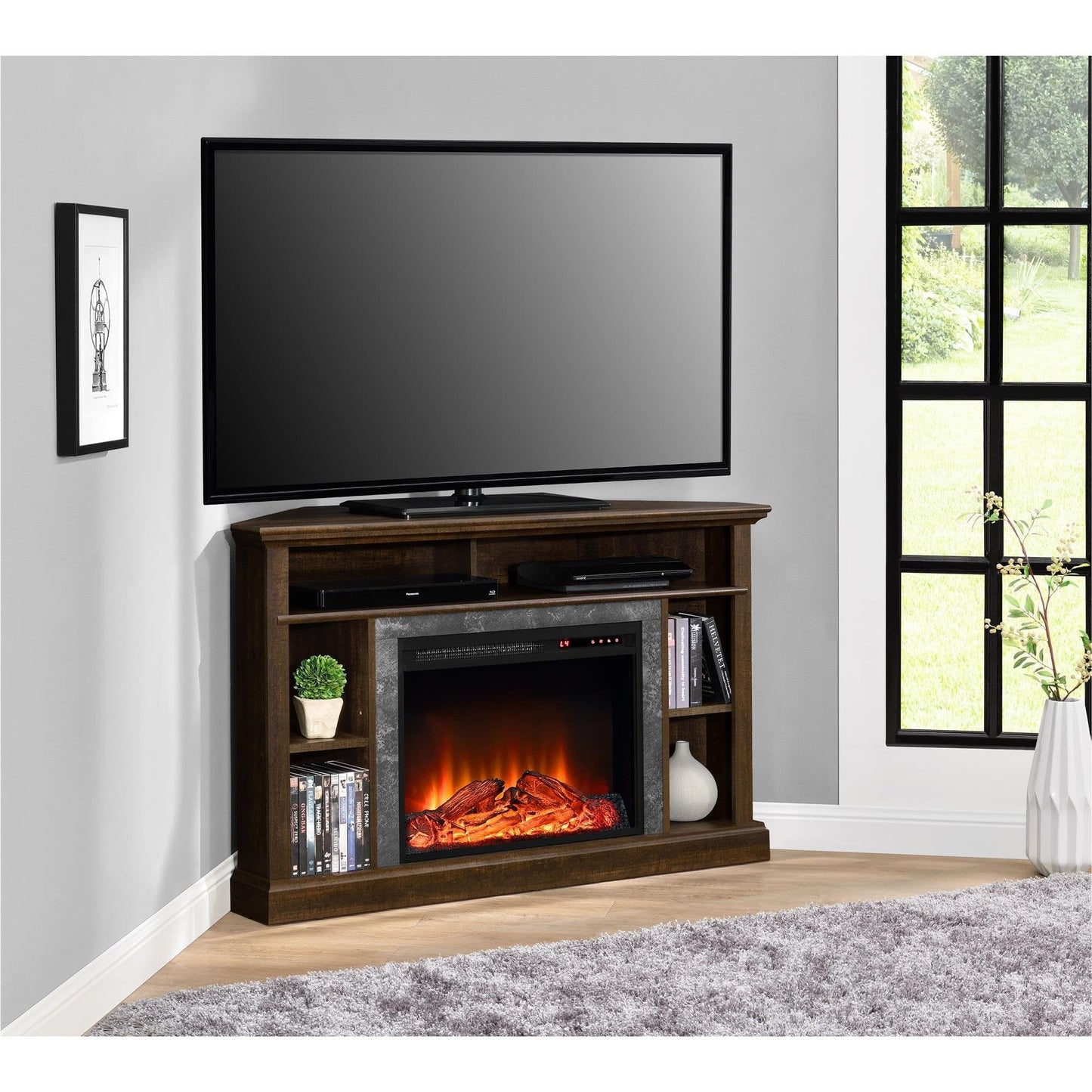 Ameriwood Home Overland Corner Fireplace TV Stand for TVs up to 50 Inch, Replaceable Electric Fireplace Insert Heater, Remote Control, Timer, Realistic Log and Flame Effect, Espresso