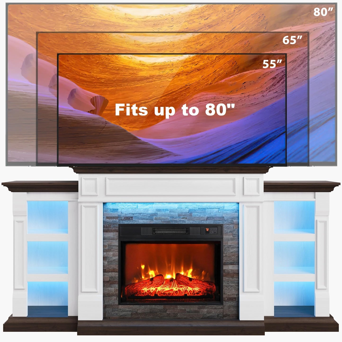 Naice 72" Electric Fireplace with Mantel and Cabinets, LED Light Fireplace TV Stand for TVs up to 80", 3D Realistic Flame Heater with Stacked Stone Surround for Living Room