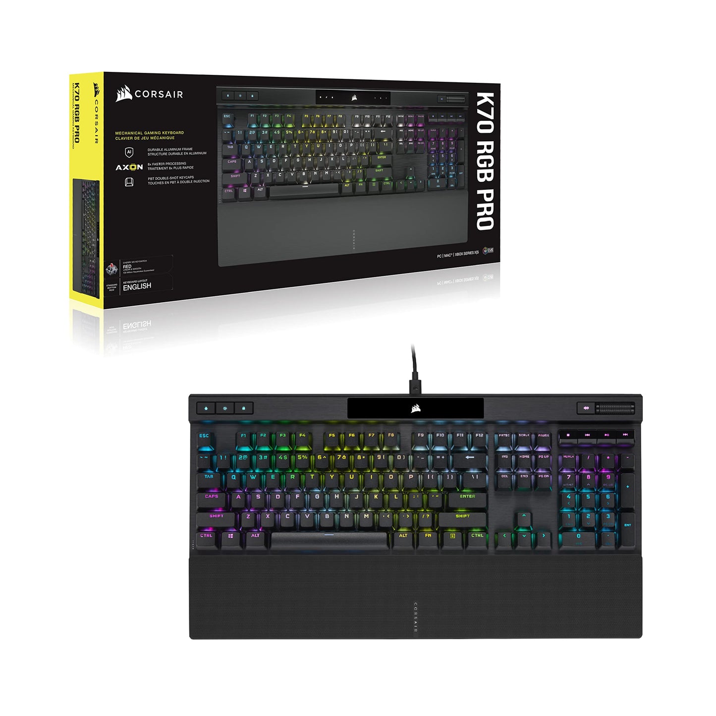 Corsair K70 RGB PRO Wired Mechanical Gaming Keyboard (Cherry MX RGB Red Switches: Linear and Fast, 8,000Hz Hyper-Polling, PBT Double-Shot PRO Keycaps, Soft-Touch Palm Rest) QWERTY, NA - Black