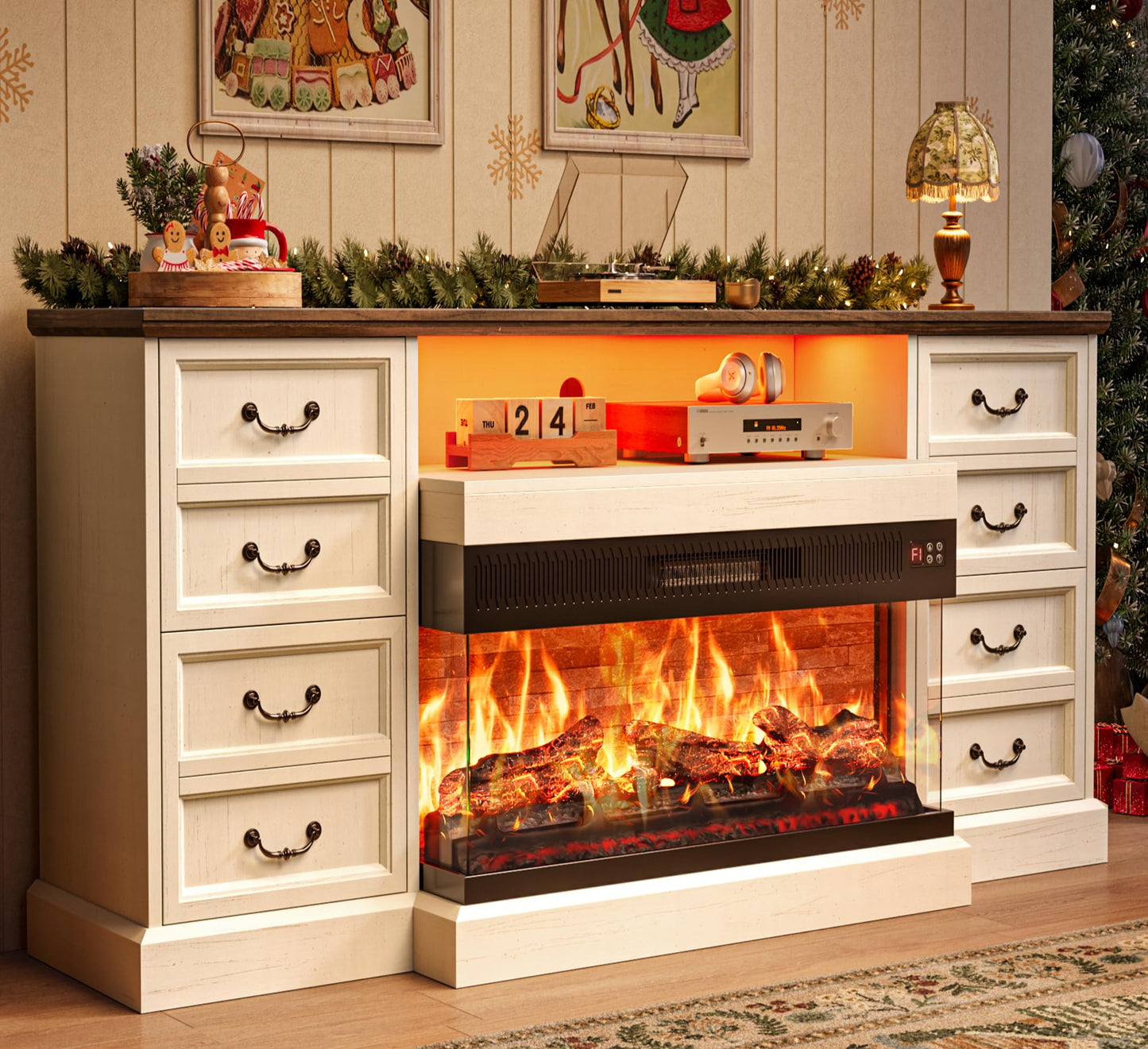 Huuger Fireplace TV Stand with LED Lights for 75 Inch TV, 3-Side Glass Fireplace Entertainment Center, 70 Inch Farmhouse Television Stands Stand with 4 Deep Drawers for Living Room, Distressed White