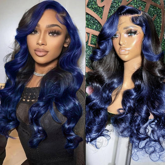 Yms Royal Blue Hd Lace Front Wigs Human Hair Pre Plucked Ombre Blue Human Hair Wig 180% Density Lace Frontal Wigs Human Hair 28