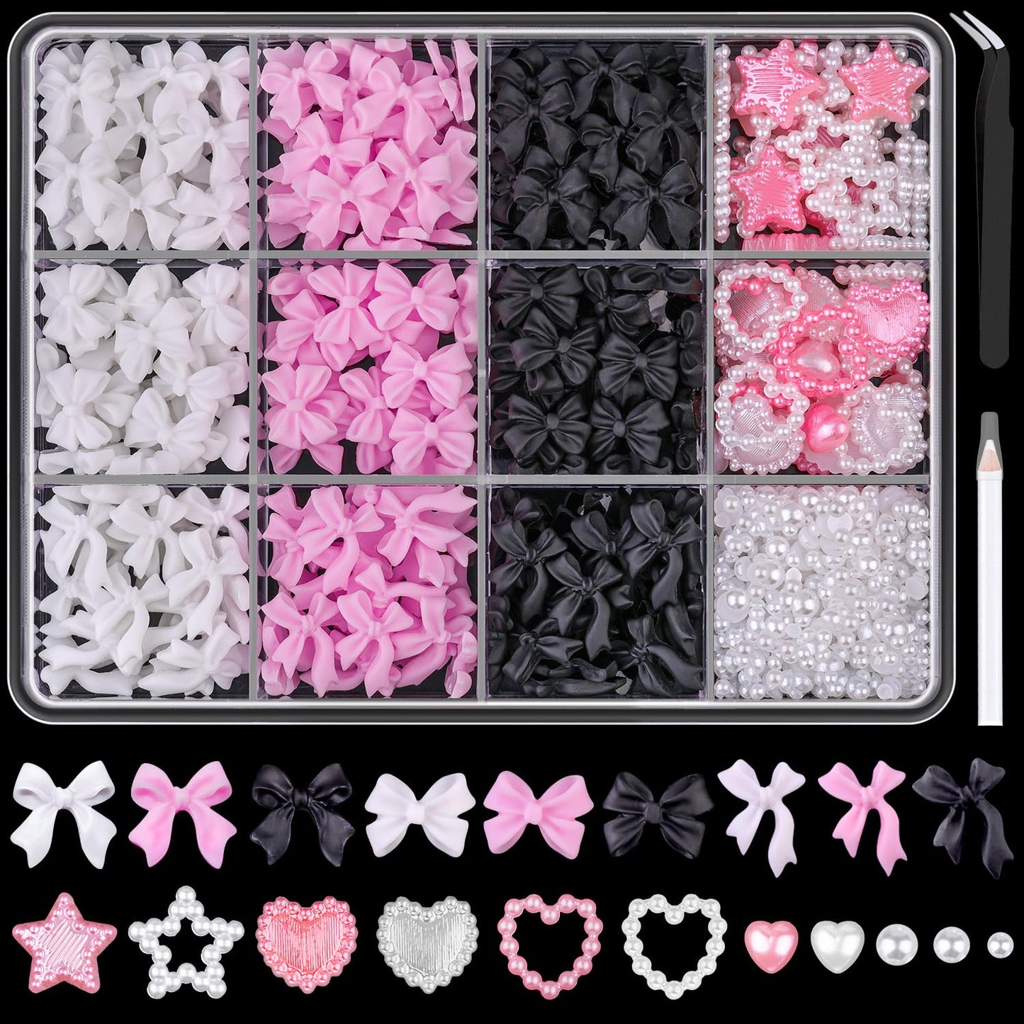 500 Pcs 3D Nail Charms and Flatback Pearls Set 9, Pink&White&Black Nail Bows + Pink&White Star Heart Cute Nail Jewels + 2-4mm White Nail Pearls for Nail Art DIY Decoration with Pickup Tools