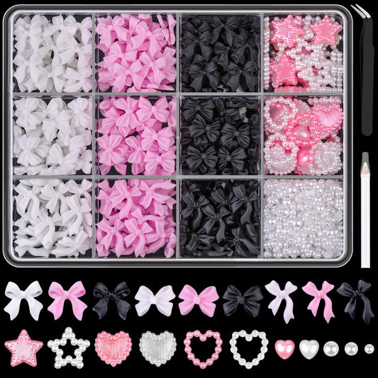 500 Pcs 3D Nail Charms and Flatback Pearls Set 9, Pink&White&Black Nail Bows + Pink&White Star Heart Cute Nail Jewels + 2-4mm White Nail Pearls for Nail Art DIY Decoration with Pickup Tools