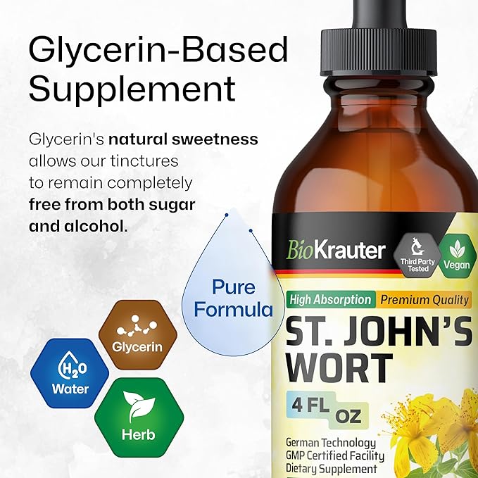 BIO KRAUTER St Johns Wort Tincture - Hypericum Perforatum Liquid Extract for Mood Support - High Absorption - St Johns Wort Alcohol Free Vegan Drops 4 Fl.Oz.