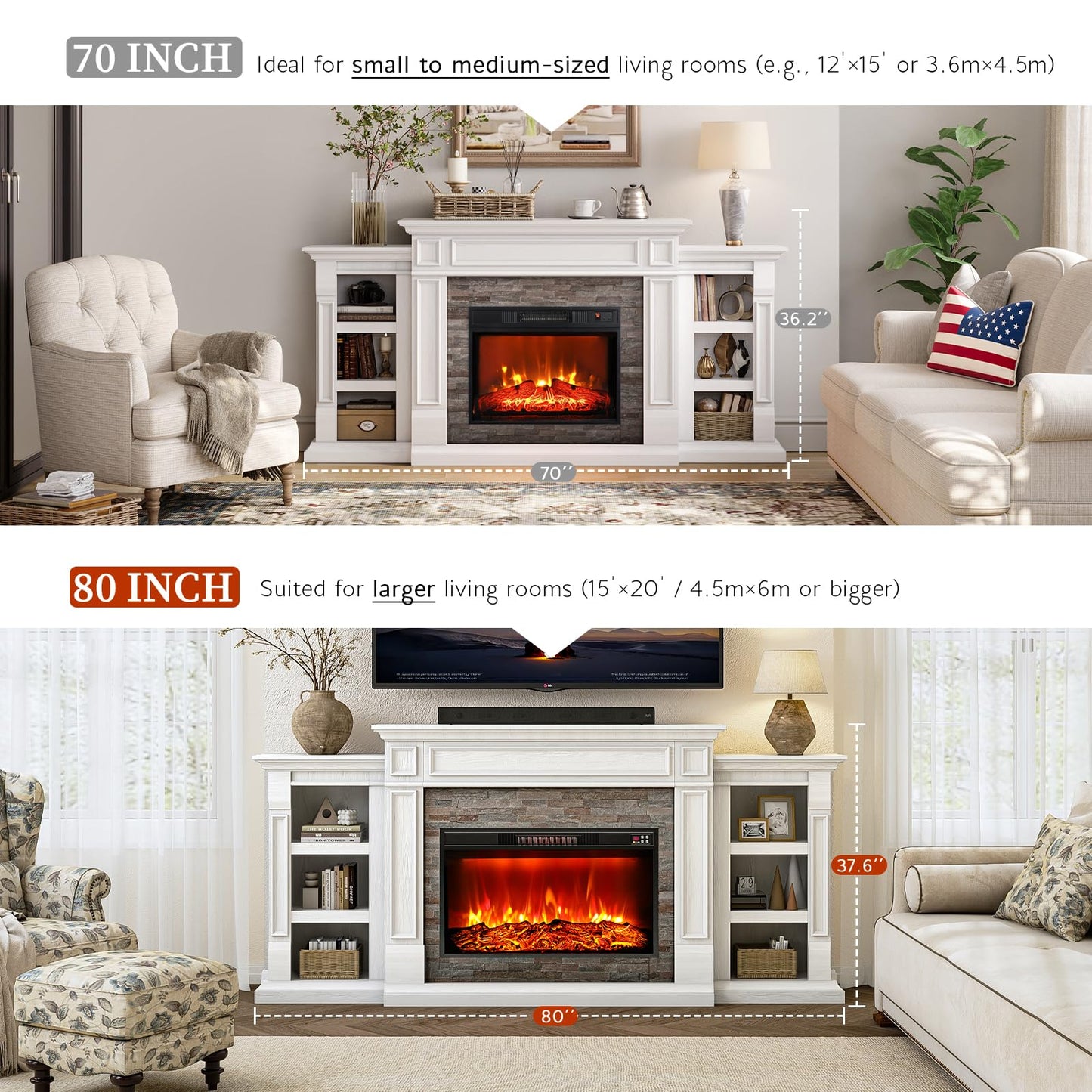 80" Electric Fireplace with Mantel, Fireplace TV Stand for TVs Up to 90 Inch, Modern Entertainment Center with Storage, Realistic Stacked Stone Surround with Remote Control for Living Room, Bedroom