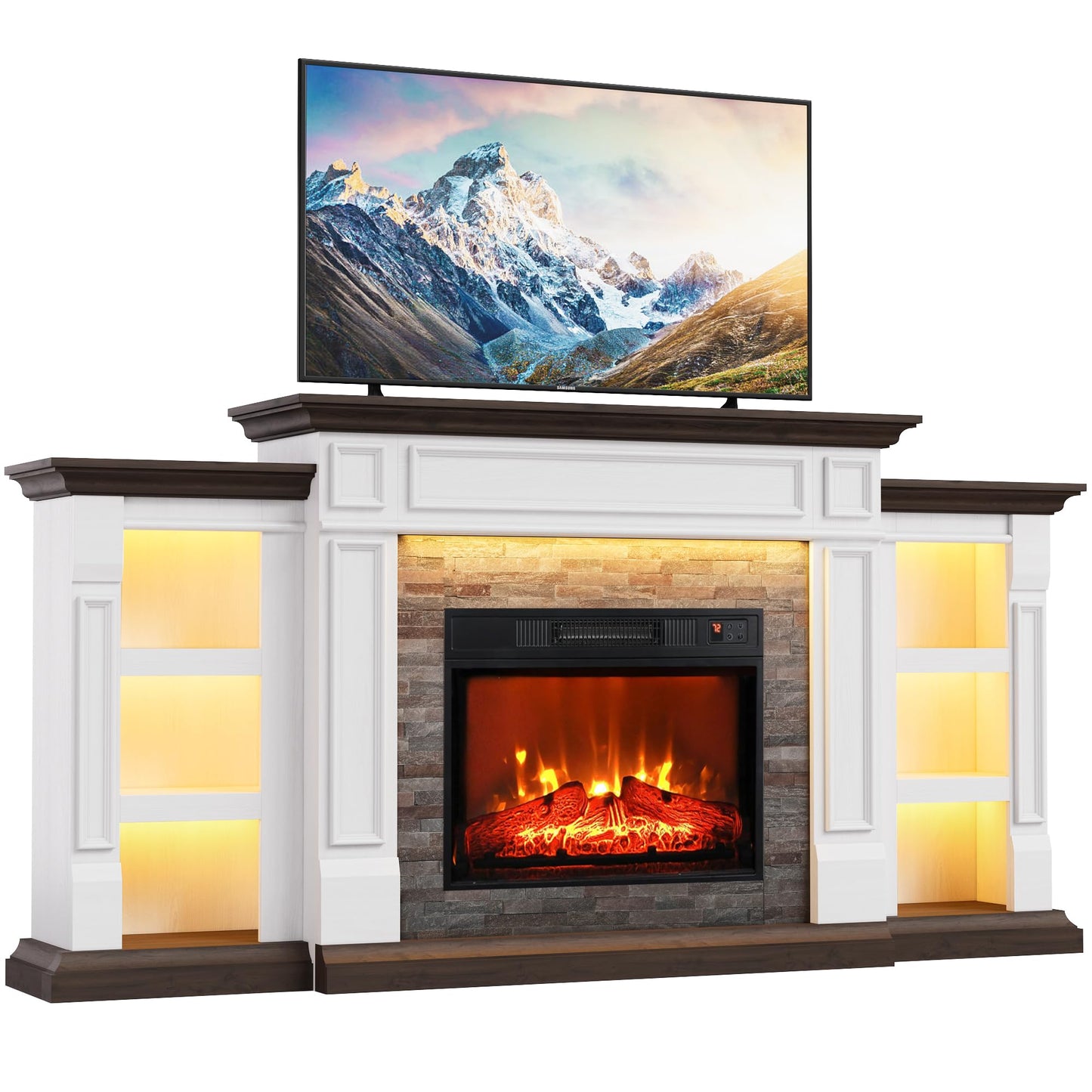 Naice 72" Electric Fireplace with Mantel and Cabinets, LED Light Fireplace TV Stand for TVs up to 80", 3D Realistic Flame Heater with Stacked Stone Surround for Living Room