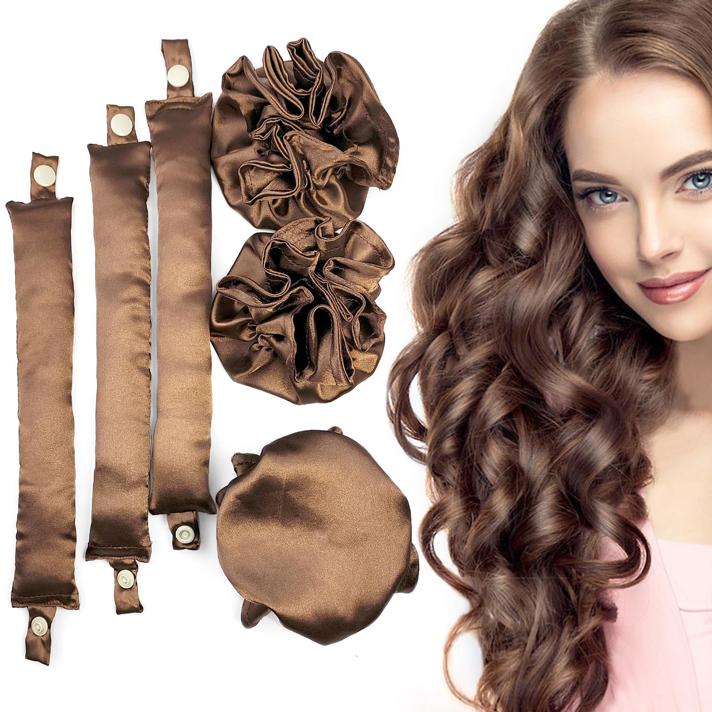 BLINKEEN Satin Heatless Curling Rod Set, Pillow Soft Rollers with Hair Caps and Headband for No-Heat Curls - All Hair Types (3Sets-Brown)