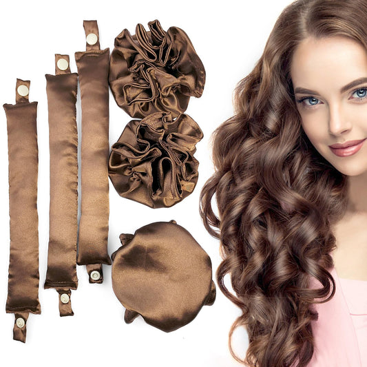 BLINKEEN Satin Heatless Curling Rod Set, Pillow Soft Rollers with Hair Caps and Headband for No-Heat Curls - All Hair Types (3Sets-Brown)