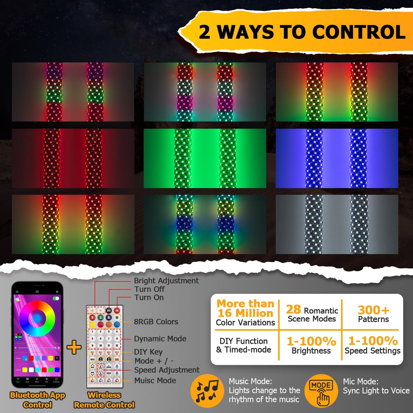 WeiSen 2PCS 3FT LED Whip Light w/Brake Turn Reverse Lights, RGB LED Antenna Spiral Light w/Plug & Play Adapter Compatible with Polaris RZR Maverick X3 UTV ATV Golf Cart Truck