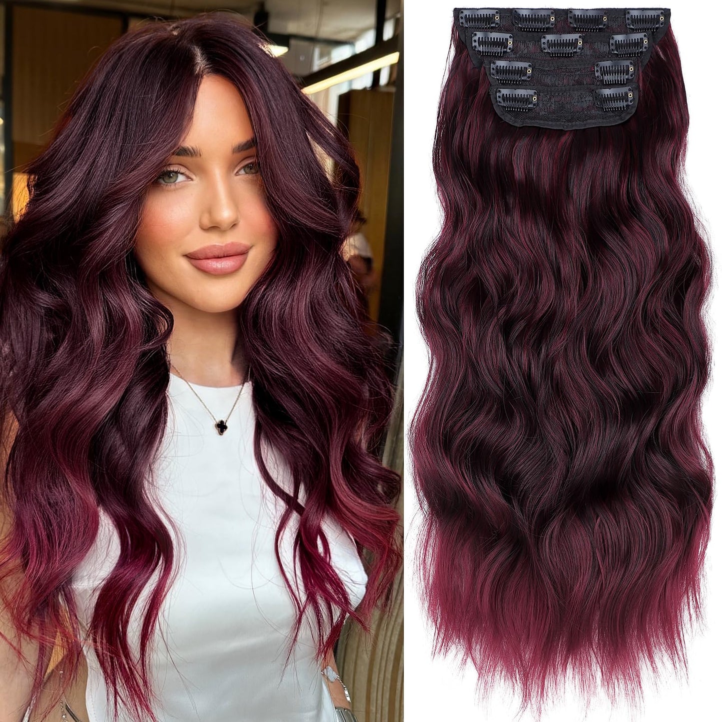 KooKaStyle Clip in Hair Extensions Long Wavy 4PCS Thick Hairpieces Synthetic Highlight Omber Burgundy Fiber Double Weft Natural 20Inch for Women
