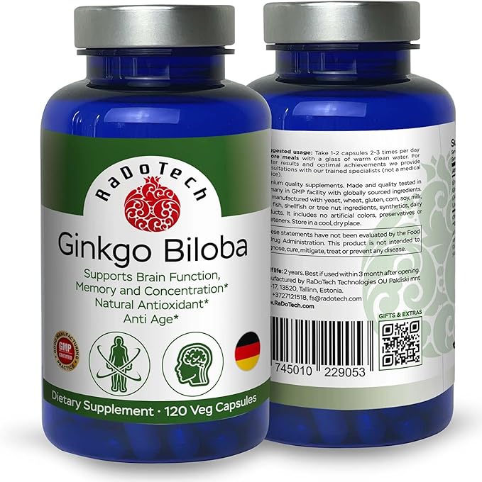 Ginkgo Biloba Support Brain Function, Supplements for Memory and Focus, Natural Antioxidant-Rich, Promotes Overall Health, 120 Vegetarian Capsules, GMP
