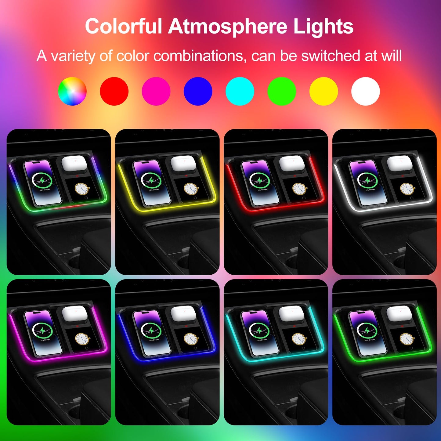 for ModelY/3 Car Interior RGB Neon Ambient Light Support Earphones Wireless Charging, Charge Platform Led Light Bar Left/Right Footwell Lights, Screen Control, Tesla Accessories (Not for 2024 Model3)