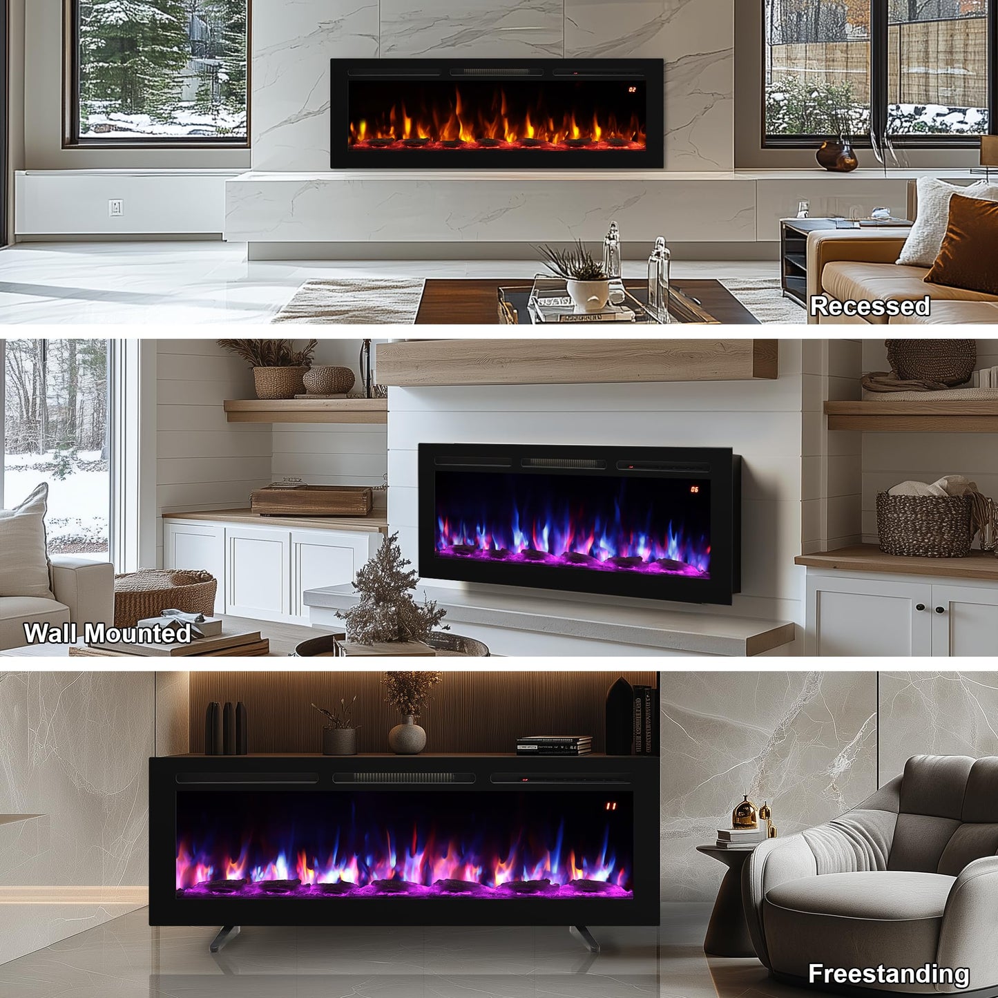 48 Inch Wall Mounted/Recessed/Freestanding Electric Fireplace Inserts，3 in 1 Electric Fireplace with 4 Solid Flame Colors & 10 Mixed Flame Colors,1-9H Timer, 750w/1500w