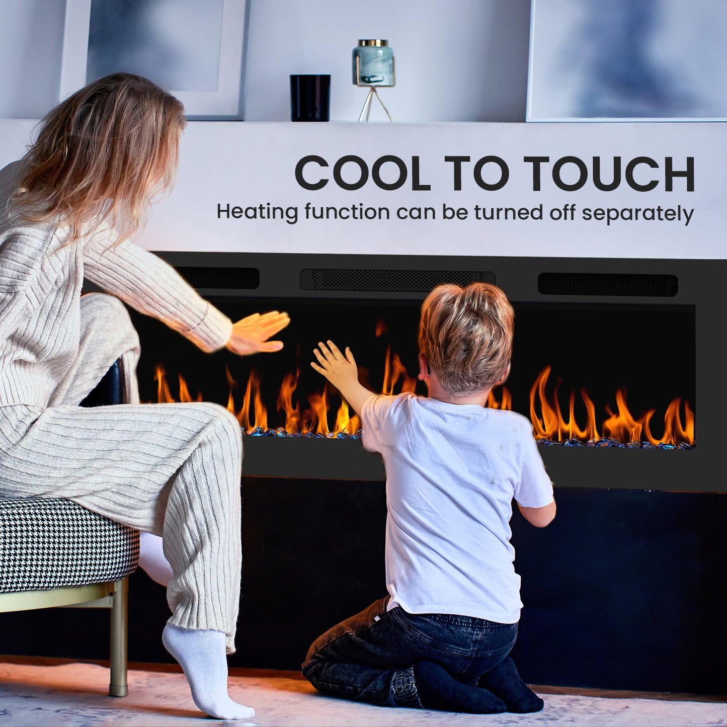 50 Inch Electric Fireplace Recessed and Wall Mounted with Adjustable Flame & Ember Color, Remote Control with Timer, Touch Screen, 750/1500W