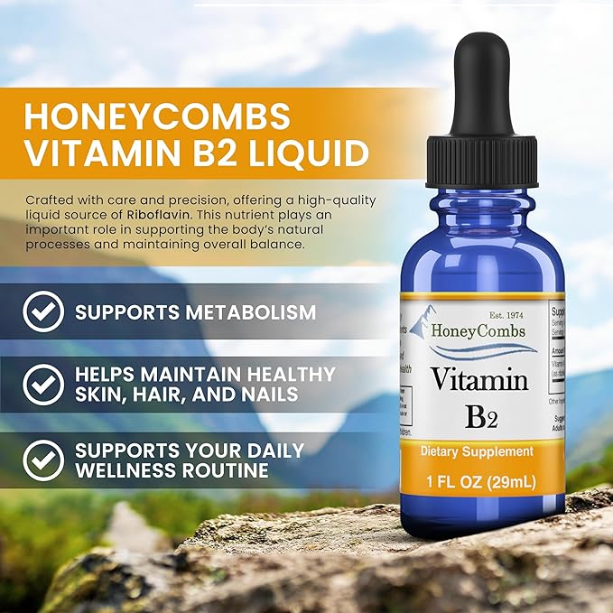 HoneyCombs Vitamin B2 Riboflavin Supplement Liquid Drops - High Potency Vitamin B2 for Men & Women - Maintain Healthy Digestion, Nervous System, Hair, Skin, Nails - Vegan Liquid Vitamins (8 Fl oz)