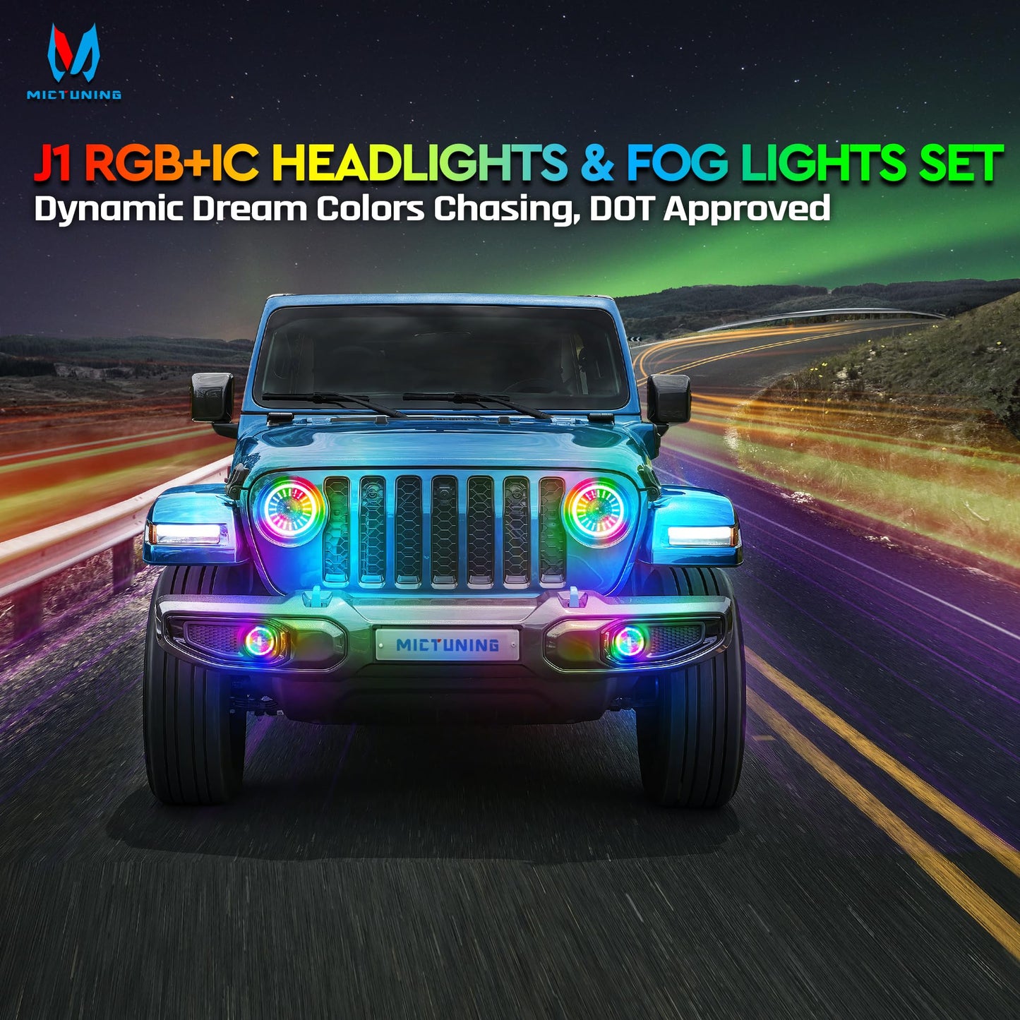 MICTUNING J1 RGB+IC 7-inch LED Headlights with Fog Lights, Multi-color Chasing App Control Compatible with 1997-2018 Jeep Wrangler TJ JK Chevy Ford GMC, DOT Approved, Anti-glare 1000% Brighter