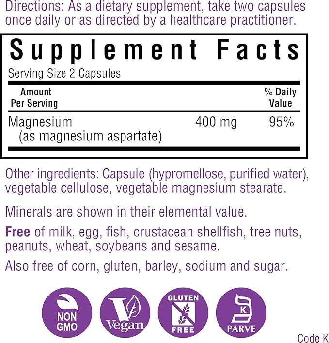 Bluebonnet Nutrition Magnesium 400 mg Chelated Magnesium Aspartate Daily Mineral, Heart & Bone Support* Supplement for Men & Women Vegan, Non-GMO - 200 Vegetable Capsules