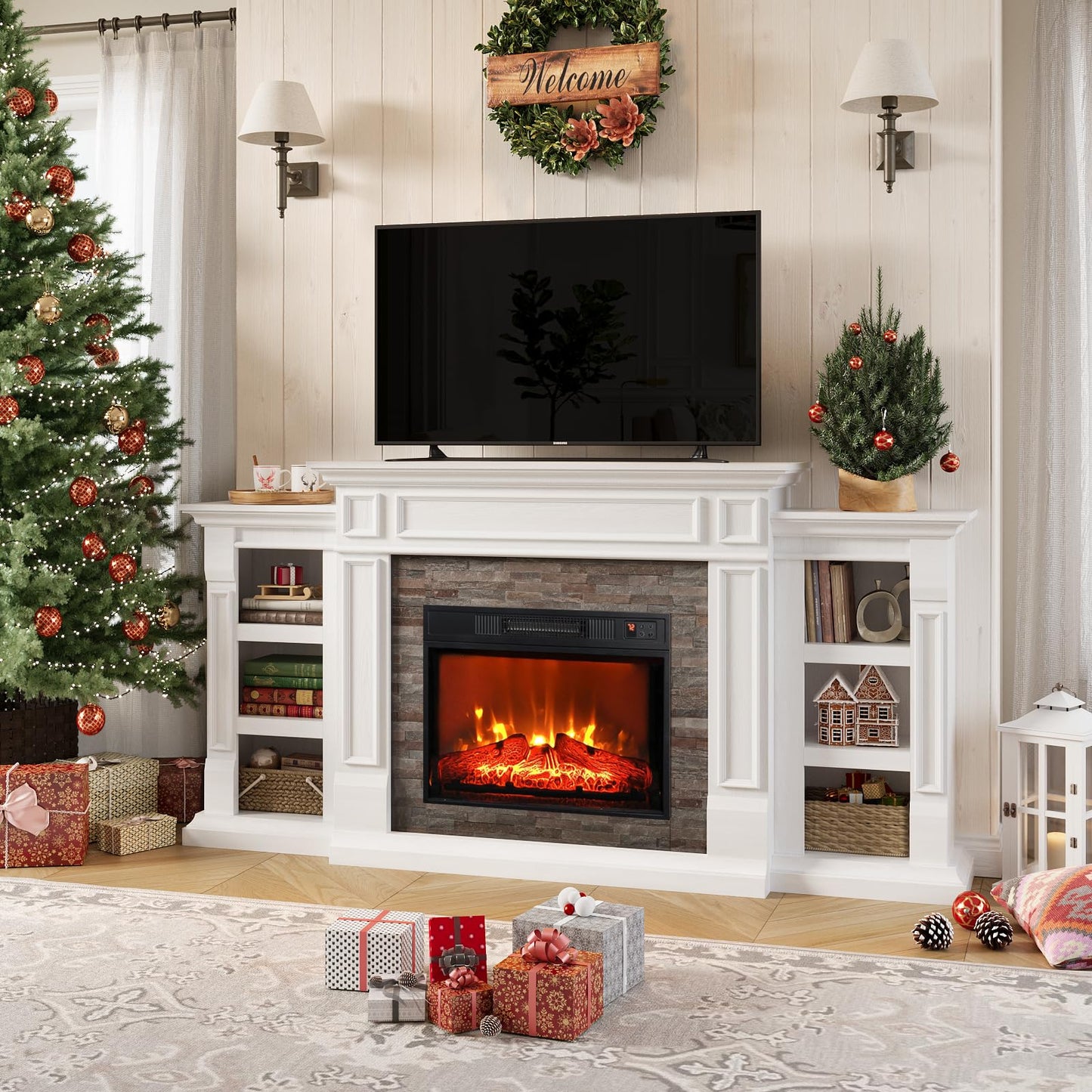72" Electric Fireplace with Mantel, Fireplace TV Stand for TVs Up to 80 Inch, Modern Entertainment Center with Storage, Realistic Stacked Stone Surround with Remote Control for Living Room, Bedroom