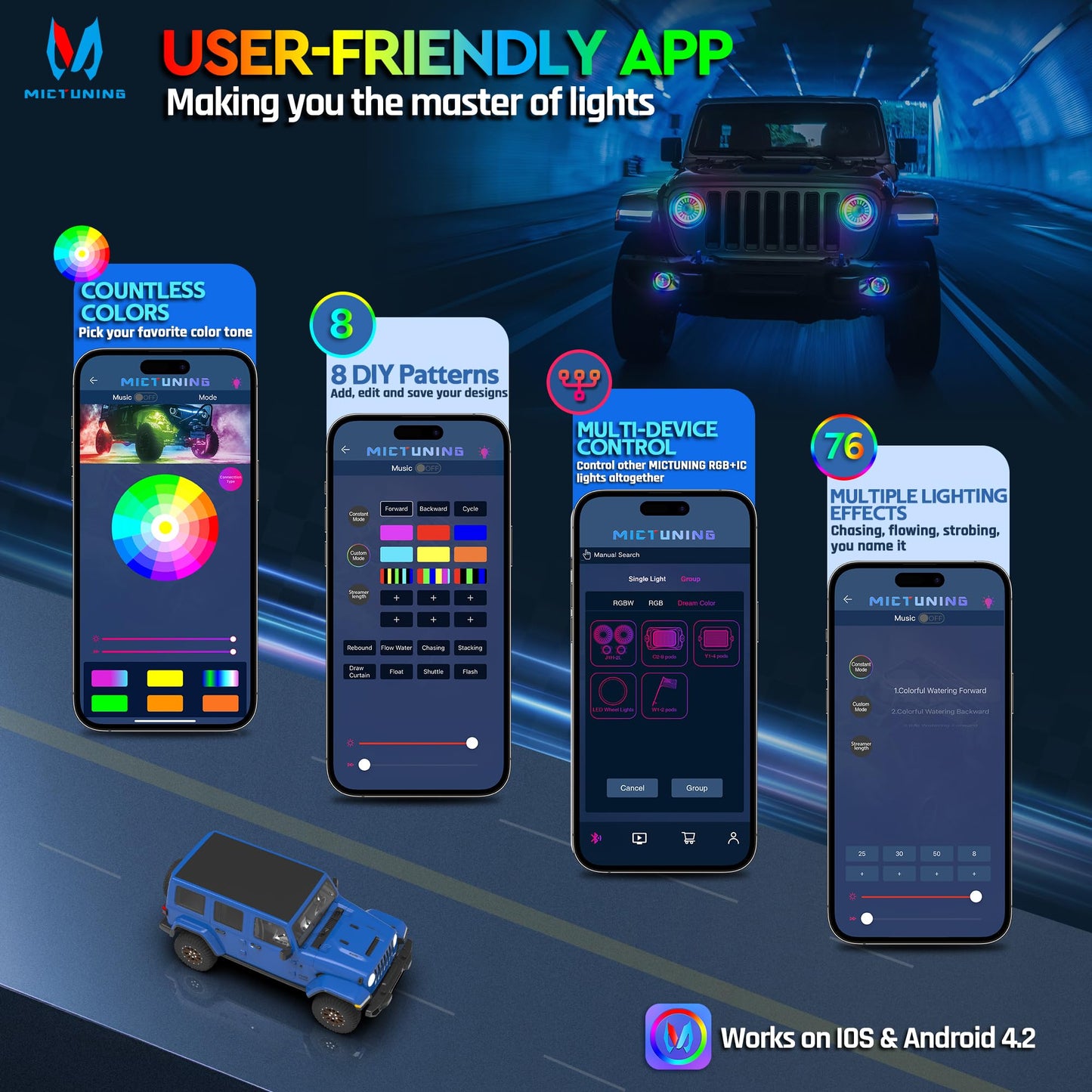 MICTUNING J1 RGB+IC 7-inch LED Headlights with Fog Lights, Multi-color Chasing App Control Compatible with 1997-2018 Jeep Wrangler TJ JK Chevy Ford GMC, DOT Approved, Anti-glare 1000% Brighter