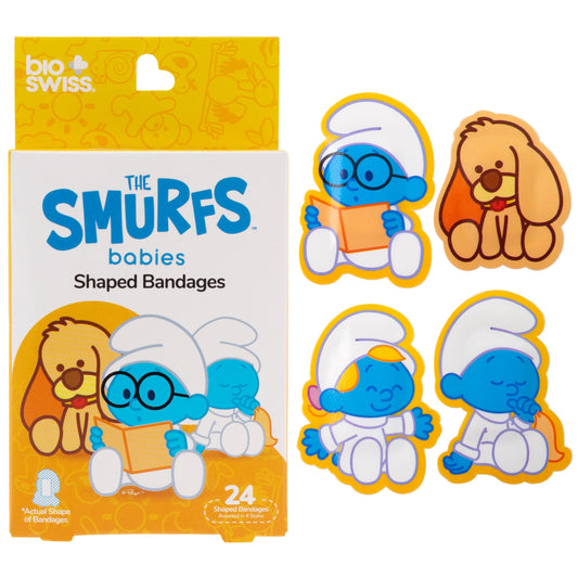 BioSwiss Bandages, The Smurfs Baby Smurf Shaped Self Adhesive Bandage, Latex Free Sterile Wound Care, Fun First Aid Kit Supplies for Kids and Adults, 24 Count Box