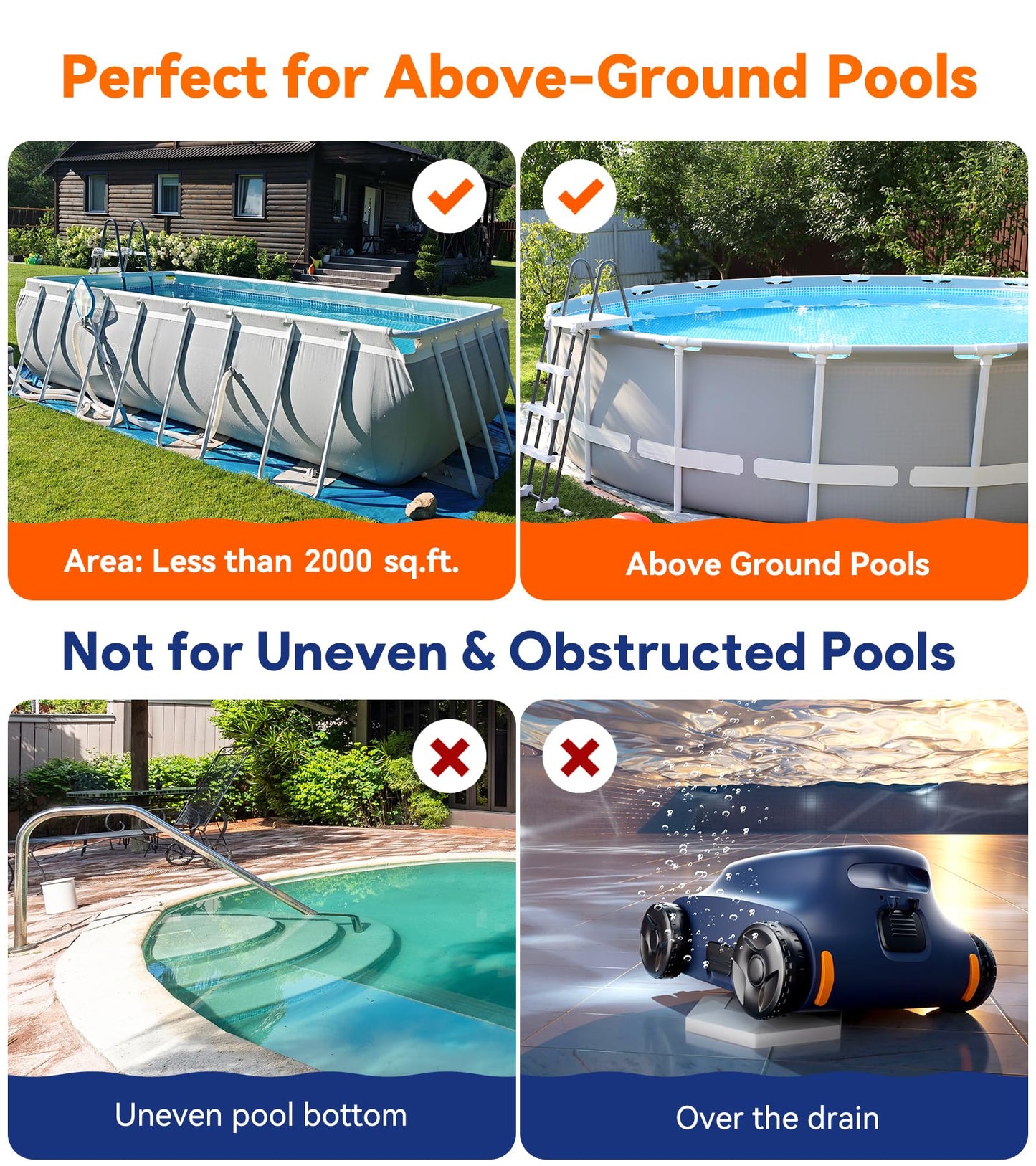 Cordless Pool Vacuum for Above Ground Pool, Robotic Pool Cleaner for Floor Cleaning, 130 Min Runtime, Powerful Suction, Self-Parking, Above Ground Pool Vacuum for Inground Pools up to 1291 Sq.ft