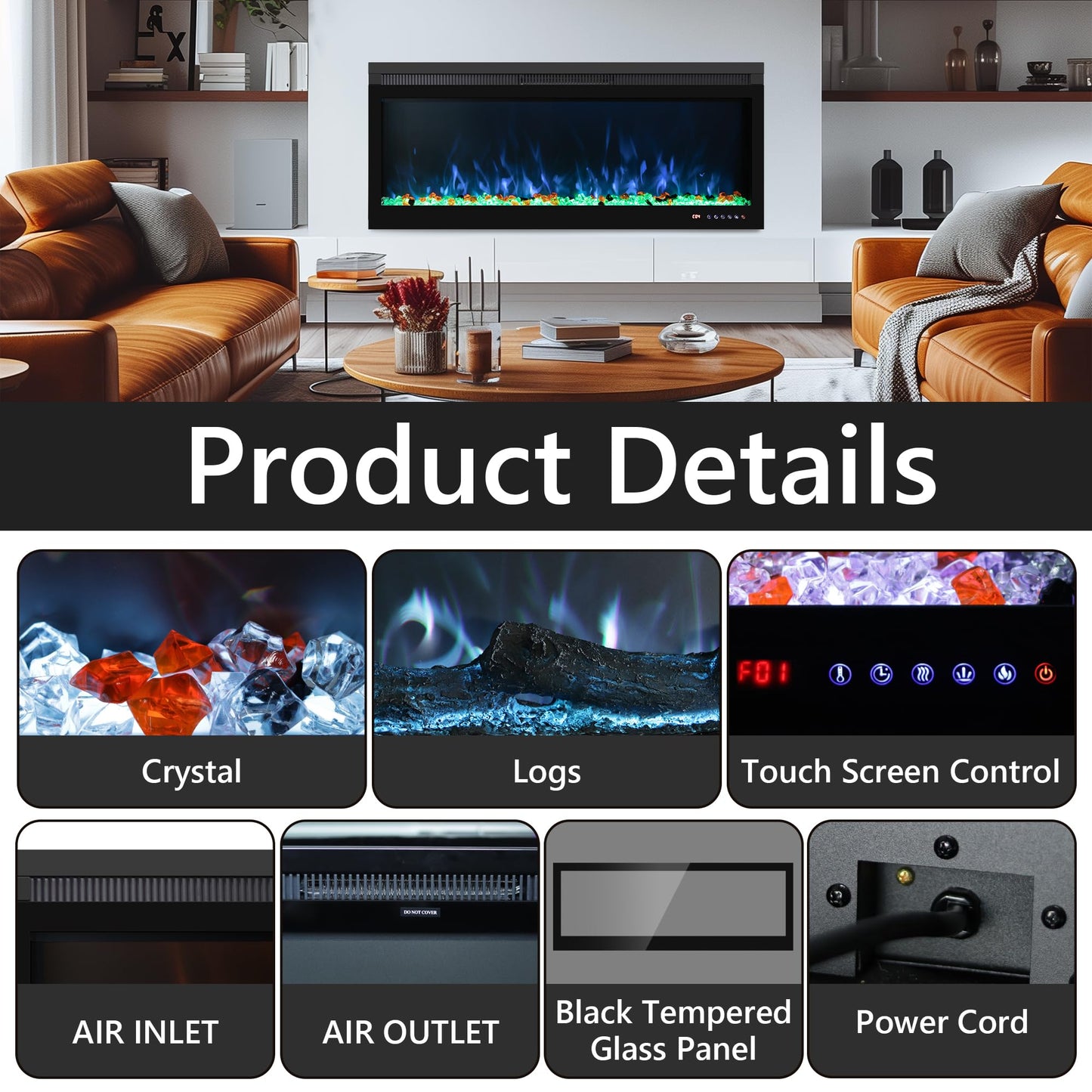 Mystflame 60 inch Electric Fireplace Inserts, Wall Mounted and Recessed Fireplace Heater, Remote & Touch Screen, Log Set & Crystal, 13 Adjustable Flame Color, Thermostat, 1-9H Timer, 750w/1500w