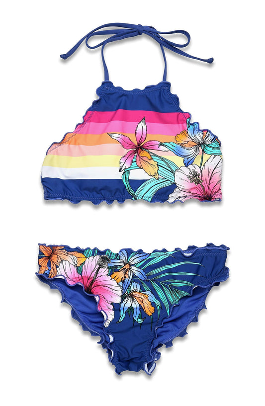 Hobie Girls' Big High Neck Bikini Top and Hipster Bottom Swimsuit Set, Surf//Tropic Sunset, 16