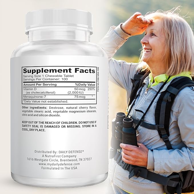 Immune Defense Supplements Vitamin D3 K2 2000IU for Heart Health, Daily Immune Support, Mental Clarity, & Muscle Function - 100 Chewable Tablets