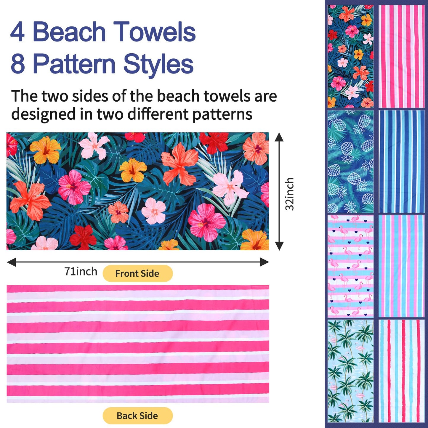 4 Pack Microfiber Oversized Lightweight Beach Towel for Adults Women Men, Reversible 71" x 32" XL Extra Large Thin Quick Dry Sand Free Pool Towels for Travel Sport Swimming Camping Picnic Yoga Gym