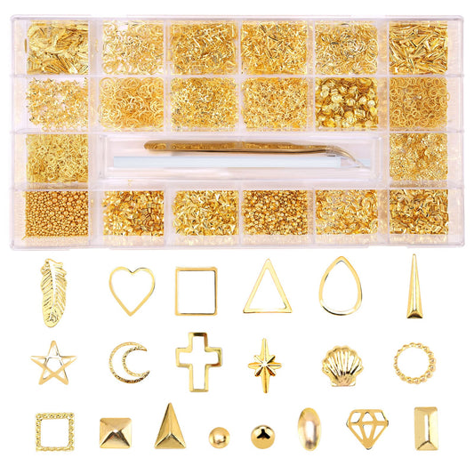 Nibiru Gold Metal Nail Art Studs Kit, 4000Pcs 3D Metal Nail Art Jewelry Decoration, Star Moon Feather Shell Multi Shapes Nail De