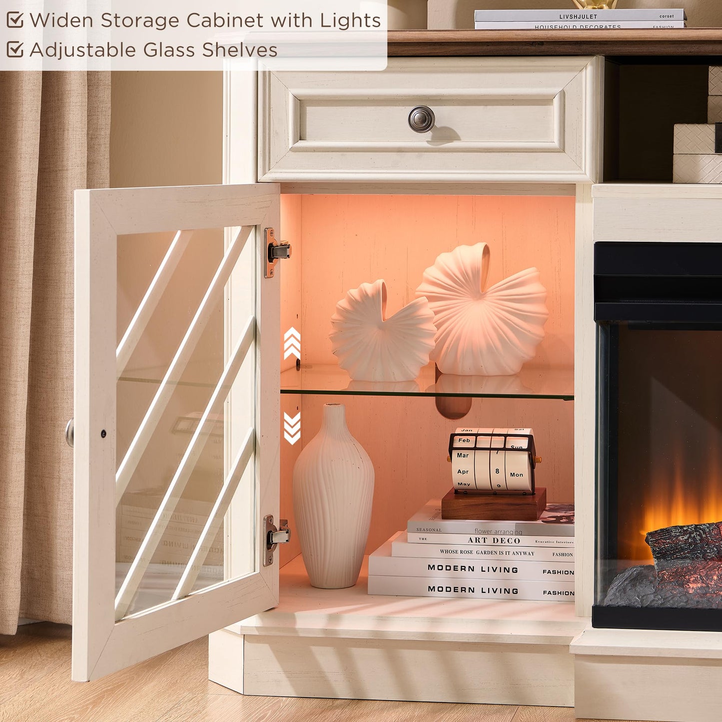 OKD 75 Inch 3-Sided Electric Fireplace TV Stand for TVs up to 85'',Modern Highboy Entertainment Center with 36" Fireplace & LED Lights,Widen Drawers and Glass Door Storage Cabinet, Antique White