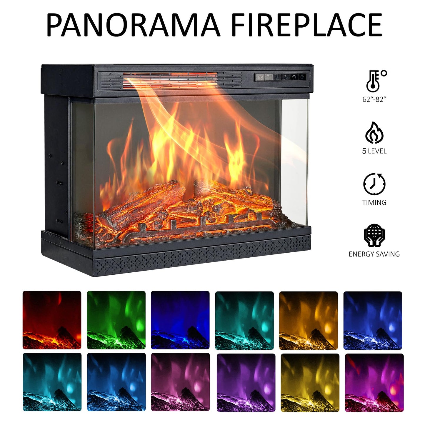 AMERLIFE 3-Sided Glass Fireplace TV Stand for TVs up to 65'' with 12 Color, Media Entertainment Center Console Table with Doors Closed Storage, Distressed White