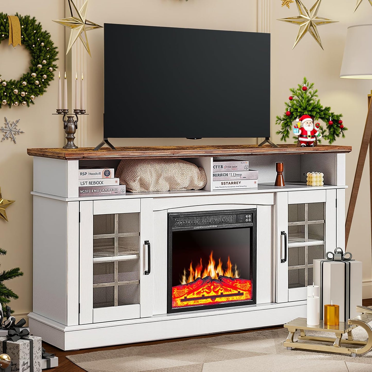 Redlife TV Stand with Fireplace for 65" Television, Entertainment Center with Fireplace Electric Fire Place TV Stand Modern Wood Media Console Cabinet for Living Room Bedroom (White)