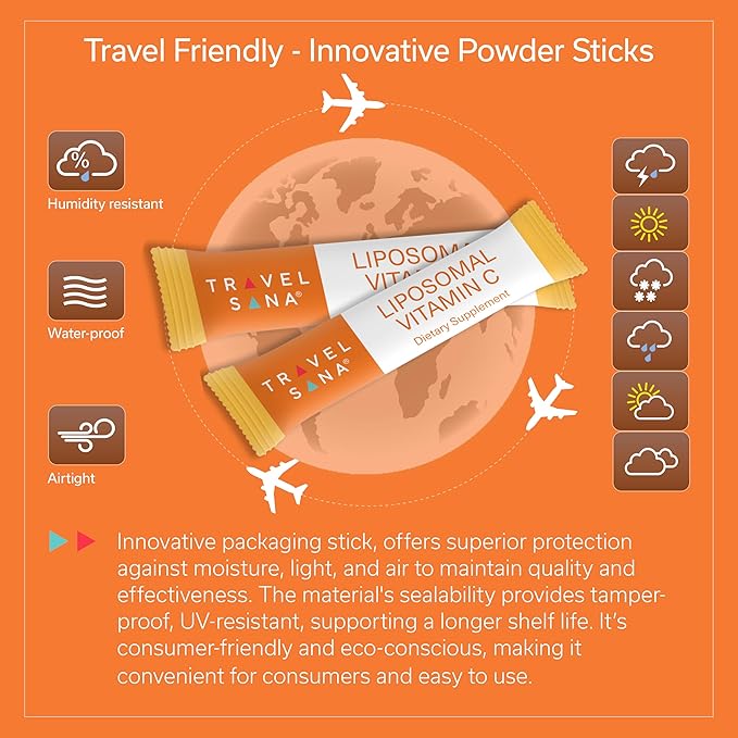 Vitamin C Liposomal (500mg) & Zinc |Enhance Travel Energy, Vitality & Immunity | Combat Travel Fatigue & Oxidative Stress | Advanced Absorption Technology | Fast-Acting | 30 Sticks