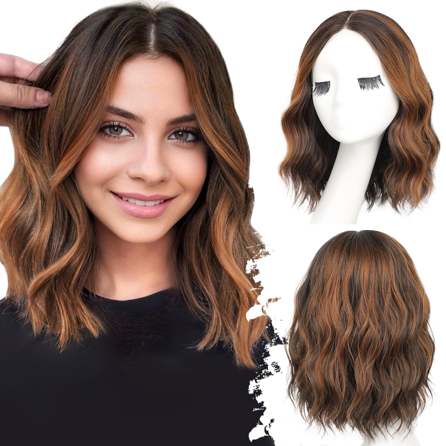 Eawwii Dark Brown Mixed Chestnut Short Wavy Wig for Women Lace Hairline Bob Style Synthetic Heat Resistant - Natural Appearance for Everyday Hairstyle 14 Inch