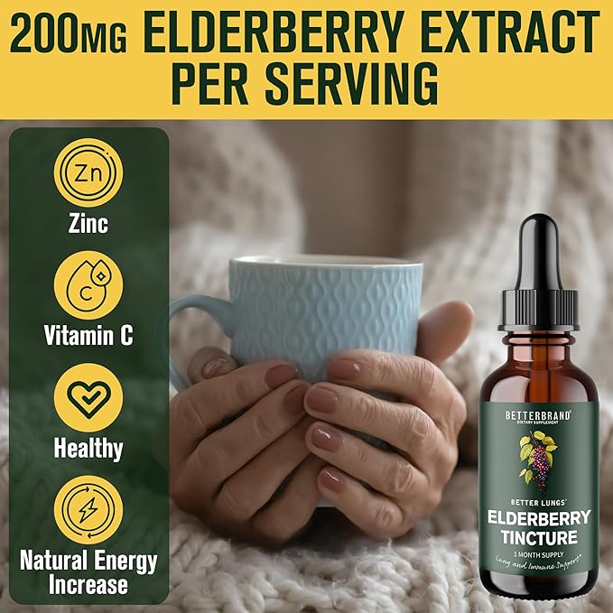 Betterbrand BetterLungs Elderberry Tincture Dietary Supplement - All Natural Sugar-Free Non-GMO Vegetarian for Winter Immune Support (30 Day)