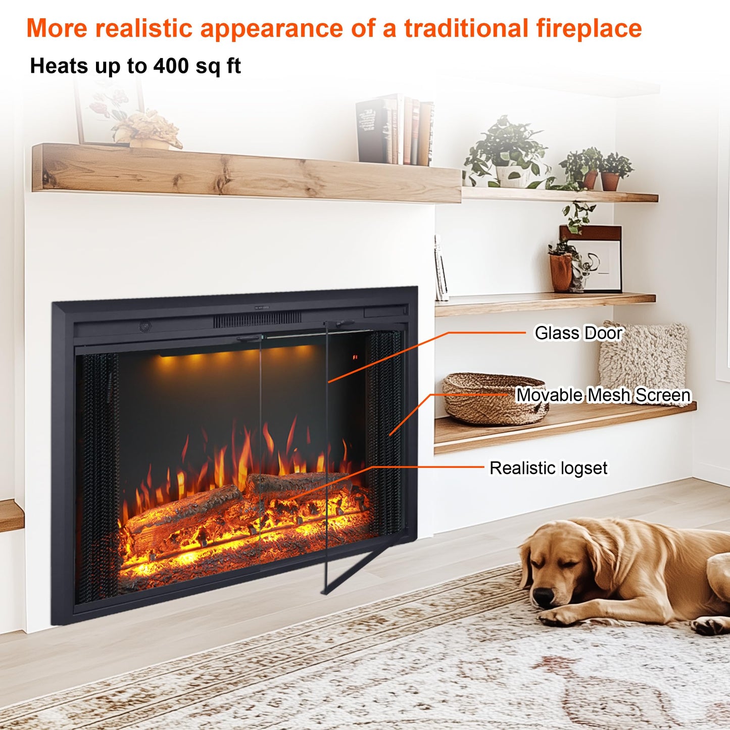 Valuxhome 35.63” W 27.5" H Electric Fireplace Insert with Low/High Temperature Settings, Movable Mesh Screen and Glass Door, 1-9H Timer, Remote and Panel Control