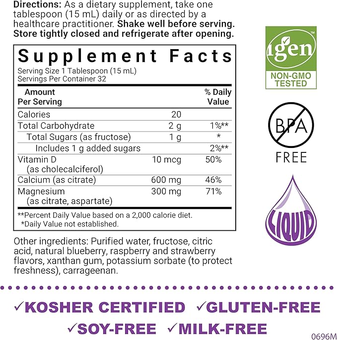 Bluebonnet Nutrition Liquid Calcium Citrate, Magnesium, Vitamin D3, Bone Health, Gluten Free, Soy Free, Milk Free, Kosher, 16 fl oz, 32 Servings, Mixed Berry Flavor