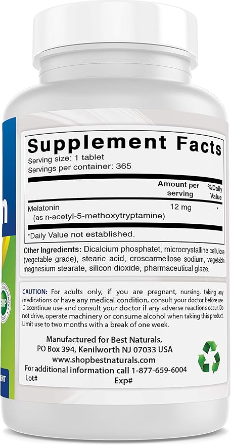 Best Naturals Melatonin 12 mg (1 Year Supply) - Drug-Free Nighttime Sleep Aid - Melatonin for Sleep and Relaxation, 365 Count (365 Count (Pack of 1))