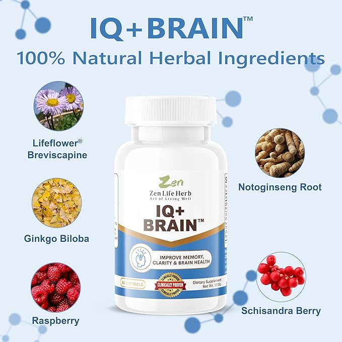 IQ+ Brain - Caffeine-Free, Clinically Tested Focus, Concentration, Memory & Energy, Natural Plant-Based Herbal Supplement, No Added Vitamins/Minerals/Mushroom/Sugar (30 Softgels)