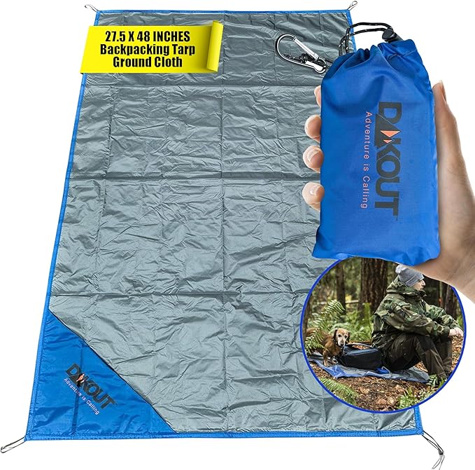 Ultralight Backpacking Tarp Ground Cloth 2.7 oz Waterproof Mini Pocket Blanket 27.5 x 48 Inches Compact Packable Groundsheet Hiking Gear for Two Pouch and Carabiner by DAKOUT Gear