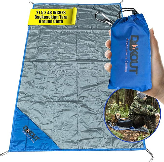Ultralight Backpacking Tarp Ground Cloth 2.7 oz Waterproof Mini Pocket Blanket 27.5 x 48 Inches Compact Packable Groundsheet Hiking Gear for Two Pouch and Carabiner by DAKOUT Gear