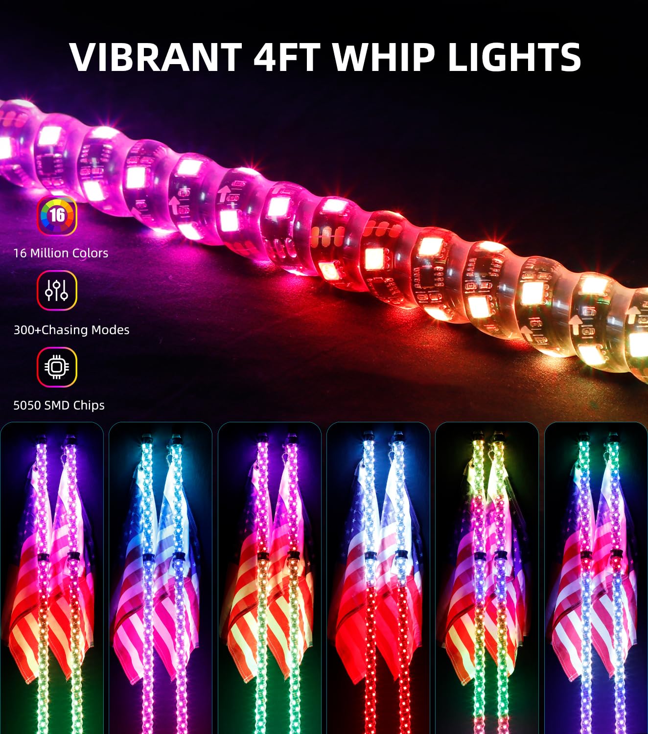 ZIMABLUE 2PC 4FT Whip Lights for Side by Side, App & Remote Control RGB Chasing Lighted Whips with 3 Switchs for ATV UTV Dune Buggy Truck,LED Whips Compatible with Polaris RZR Can-Am Maverick X3